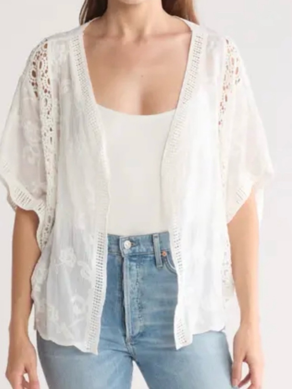 🆕#18 NWT White Lace Open-Front Kimono Jacket, Size S/M